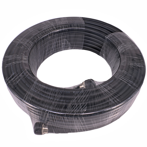 Full view of the black UV-stabilised 25-metre LL400 coax cable with UHF male connectors, ideal for big-reach antenna or radio extension Full view of the black UV-stabilised 25-metre LL400 coax cable with UHF male connectors, ideal for big-reach antenna or radio extension
