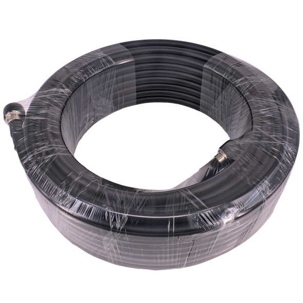 Full view of black UV-stabilised 20-metre LL400 coax cable with UHF male connectors, exalting the 10.29mm jacket for legendary long-haul antenna conquests Full view of black UV-stabilised 20-metre LL400 coax cable with UHF male connectors, exalting the 10.29mm jacket for legendary long-haul antenna conquests