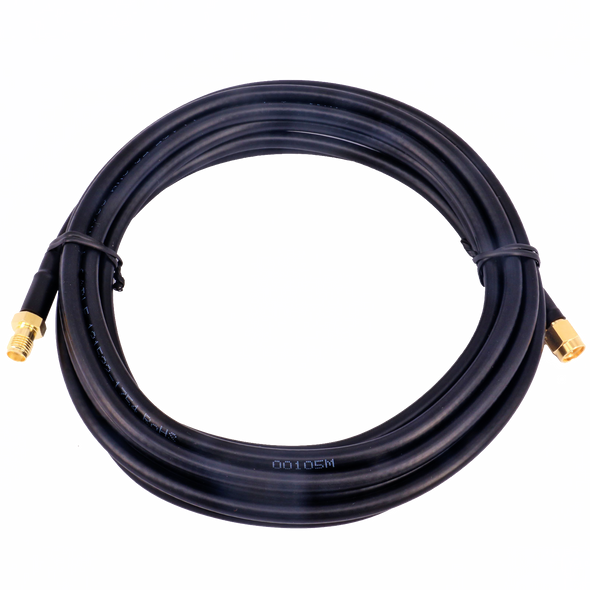 Full view of black UV-stabilised 3-metre LL195 coax cable with SMA connectors, highlighting flexible jacket and 50 Ohm impedance for antenna extensions