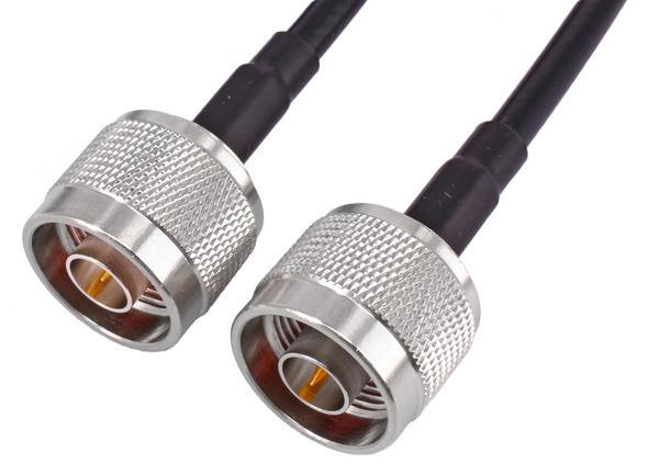 Close-up of Hills Antenna N Male connectors on 5m LL195 patch lead, showcasing secure RF mating for telecom and antenna systems