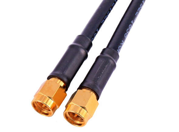 Close-up of Hills Antenna SMA Male connectors on 5m LL195 patch lead, showcasing secure RF mating for WiFi and telecom systems