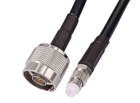 Close-up of Hills Antenna FME Female and N Male connectors on 3m LL240 patch lead, showcasing secure RF mating for mobile antennas and telecom