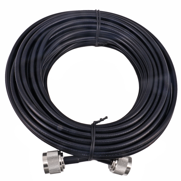 Full view of Hills Antenna 15m LL195 coaxial patch lead coiled, highlighting PVC jacket and double-shielded construction for outdoor use