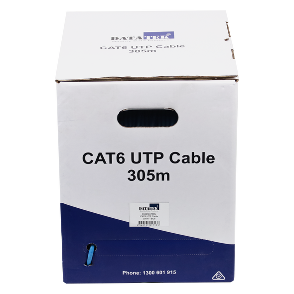 DATATEK CAT6 UTP Cable 305m blue box front view with pull-out design