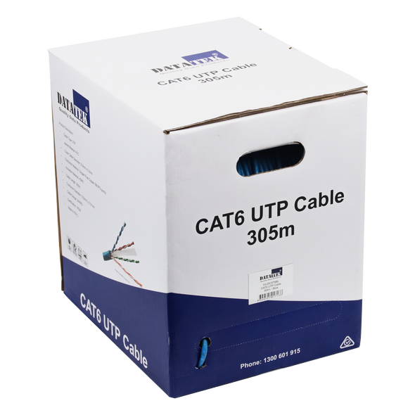 DATATEK CAT6 UTP Cable 305m blue box side view with pull-out design