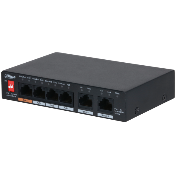 Side view Dahua 6-port Gigabit switch showing PoE ports and uplink