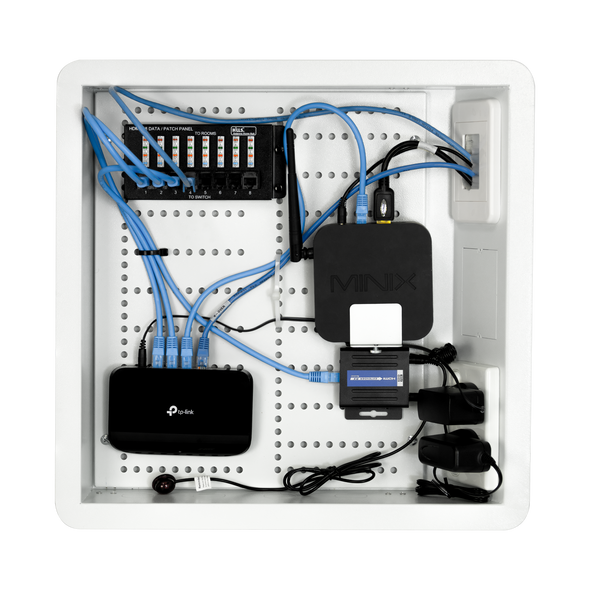 Hills Antenna Recessed AV Wall Box installed behind wall-mounted TV Hills Antenna Recessed AV Wall Box installed behind wall-mounted TV