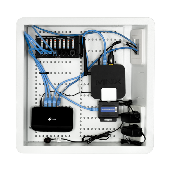 Hills Antenna Recessed AV Wall Box installed behind wall-mounted TV