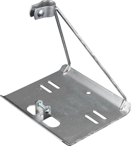Close-up of BC2844 large base plate (245 x 218mm) with hot-dipped galvanised finish, highlighting malleable steel tripod legs for roof pitch adjustment