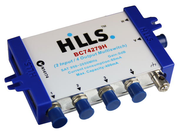 Hills Antenna BC74279H multiswitch showing F-Type input/output ports and earth point
