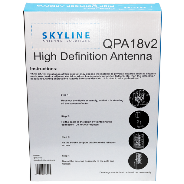 Packaged Skyline QPA18 UHF antenna in display box showing specs