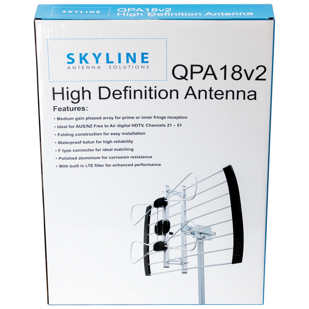 Packaged Skyline QPA18 UHF antenna in display box with mounting hardware