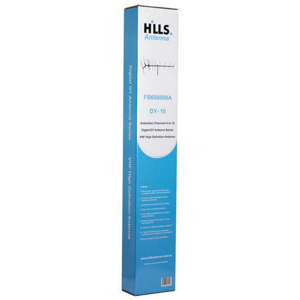 Hills Antenna DY-10 with UV-stabilized insulators and 8-11dB gain elements for semi-rural use.