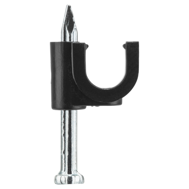 Close-up of Hills Antenna 6 mm black plastic coax clip with nail
