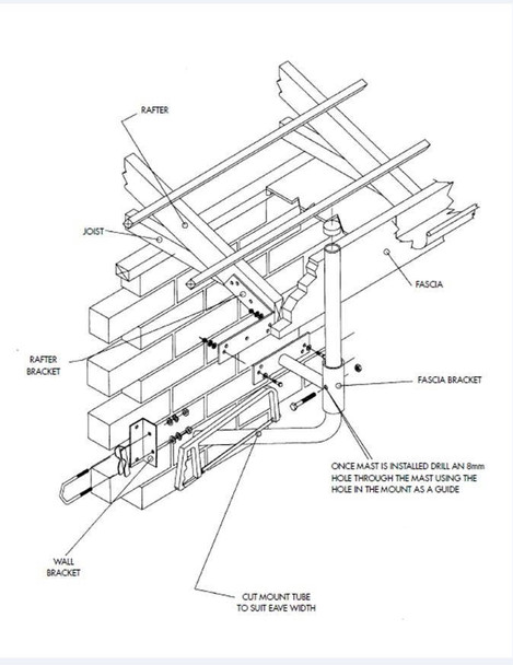 Schematic diagram of Hills Antenna FB607011A Extended Fascia Mount installed on brick wall for demonstration 