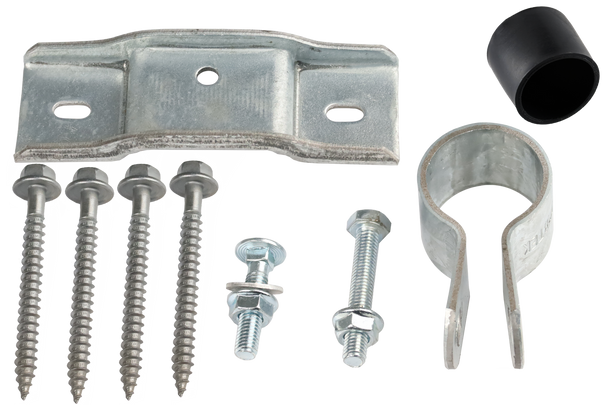 Close-up of all mounting accessories required to install durable Hills Antenna FTA tin ridge mount