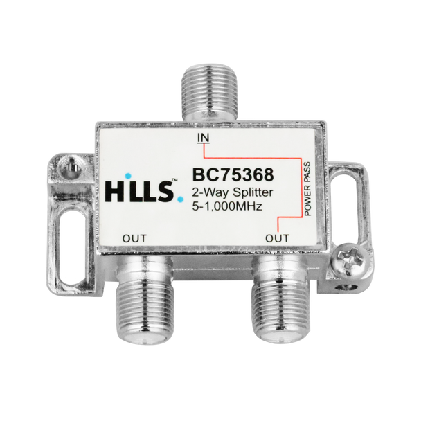 Hills BC75368 2-way power pass splitter ready to be connected with masthead amplifiers