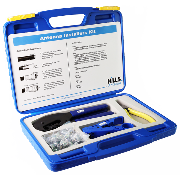 Hills Antenna BC88181 Complete antenna installers kit case opened showing crimper, stripper, cutter & 20 RG6 connectors