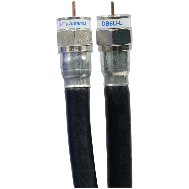 Close-up of Hills Antenna RG6 F-Type connector ends