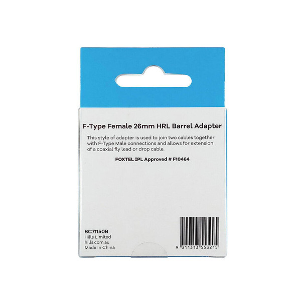 Hills Antenna BC71150B F-Type female to female high return loss adaptor 2-pack rear view foxtel approved