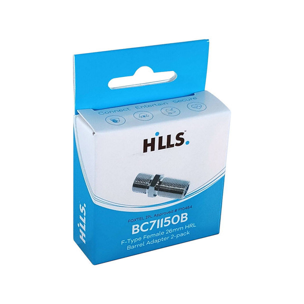 Hills Antenna BC71150B F-Type female to female high return loss adaptor 2-pack front angle view