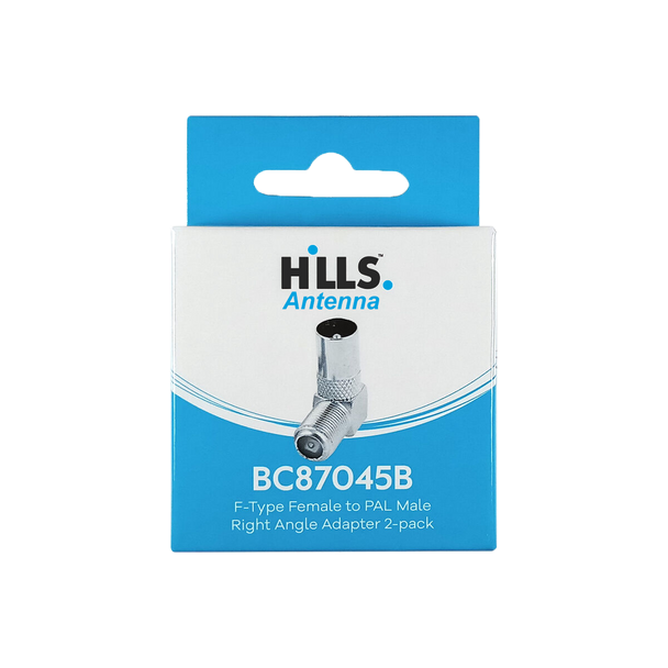 Hills Antenna BC87045B 2-pack right-angle F to PAL adaptors in box