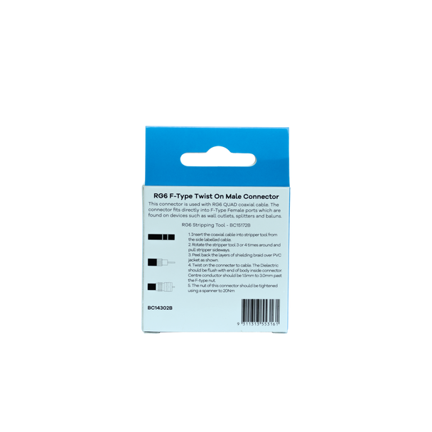 Rear view of  Hills Antenna BC14302 male F-Type connector packaging