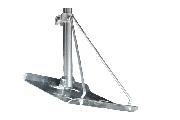 Close-up of Hills Antenna BC2844 hinging base plate and malleable legs bent to roof pitch