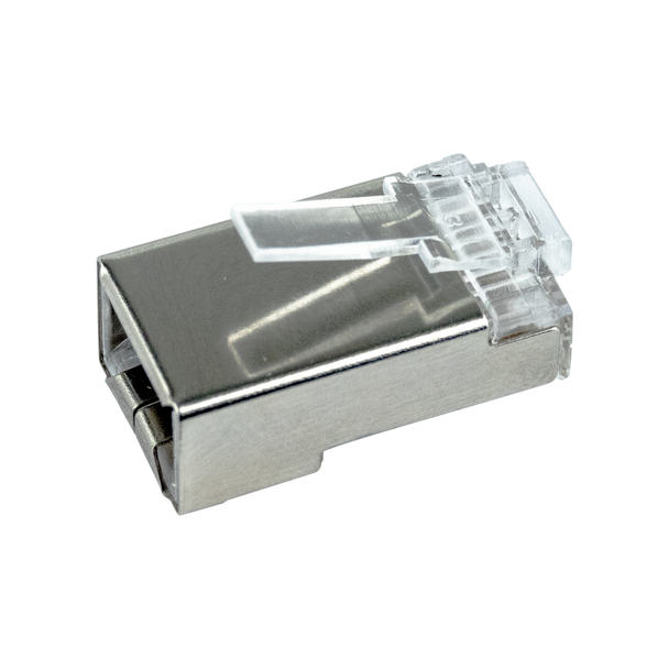 Close-up of shielded RJ45 plug for solid CAT6 cable, stainless steel cover Close-up of shielded RJ45 plug for solid CAT6 cable, stainless steel cover