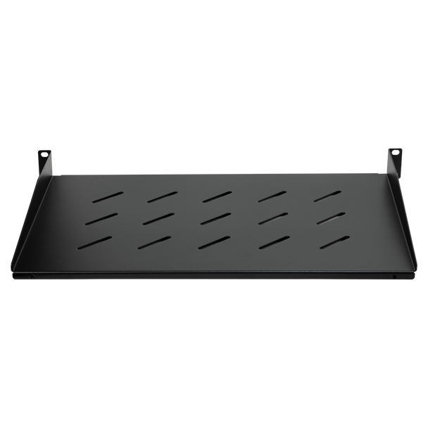 Black powder-coated SPCC cantilever shelf dimensions 43x300x482.6mm, 20kg load capacity and cage nuts