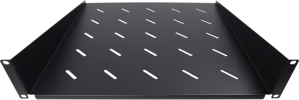 Datatek 2U 450mm cantilever shelf front view showing ventilated black powder coated surface for 19\" rack mounting
