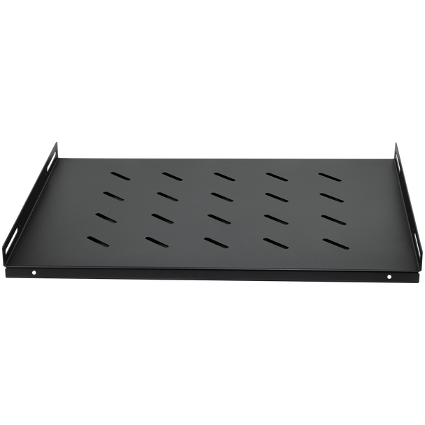 Black fixed shelf with cage nuts included for greater weight capacity in data center