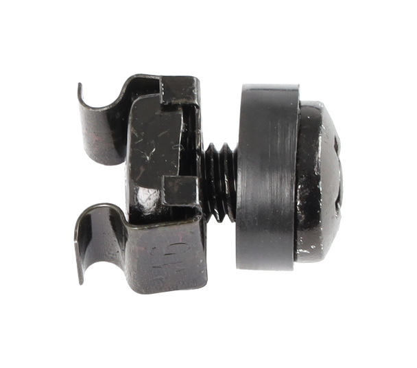 Close-up of caged nut pack showing black finish and screw components
