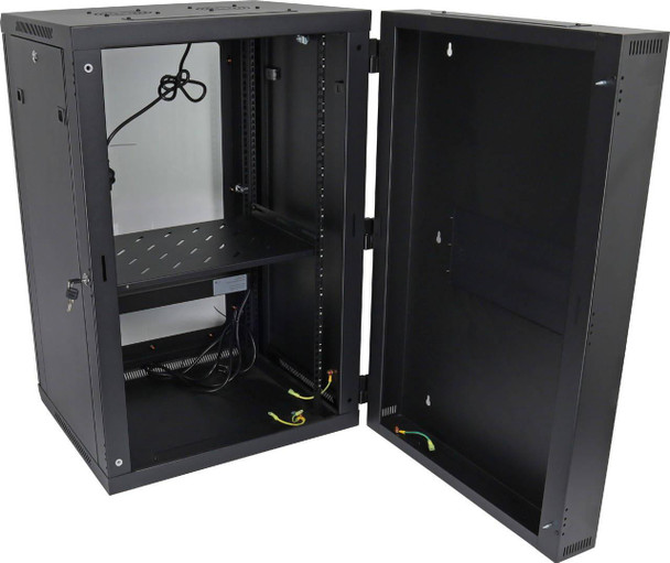 Datatek 18U swing-frame wall cabinet fully open showing rear access