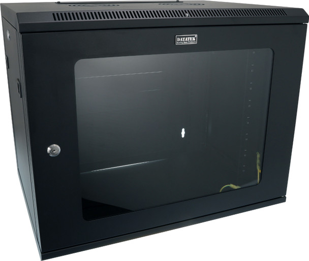 Datatek 24B9RW64 9U wall mount cabinet front view with tempered glass door and black powder coated frame for 19" racks