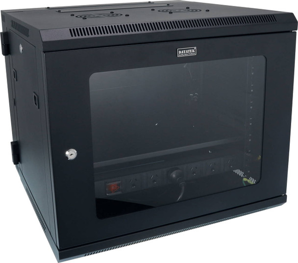 DataTek 9U swing cabinet ready to be mounted and swung out in office comms room