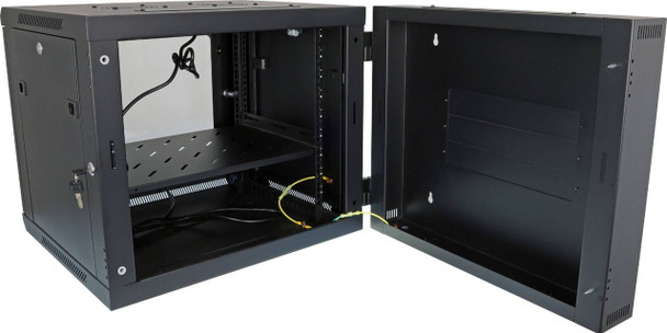 DataTek 9U swing-frame wall cabinet fully open showing rear access