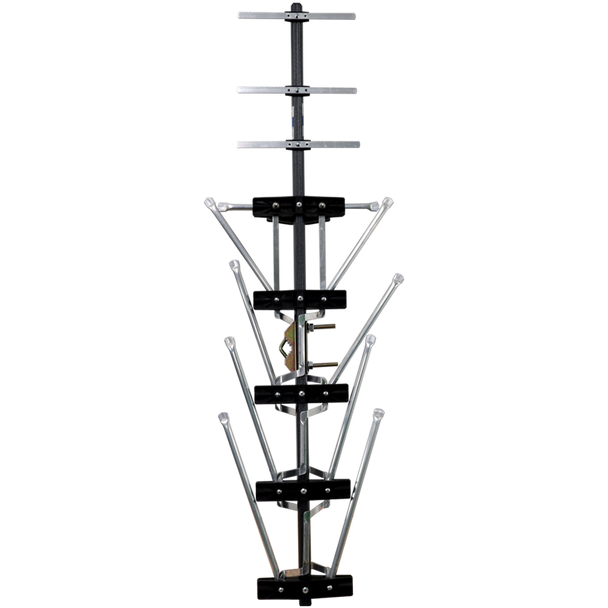 Digitek LTE Series 12-Element hybrid UHF/VHF Yagi antenna displaying snap-out dipole and stainless steel screws for easy metropolitan setup