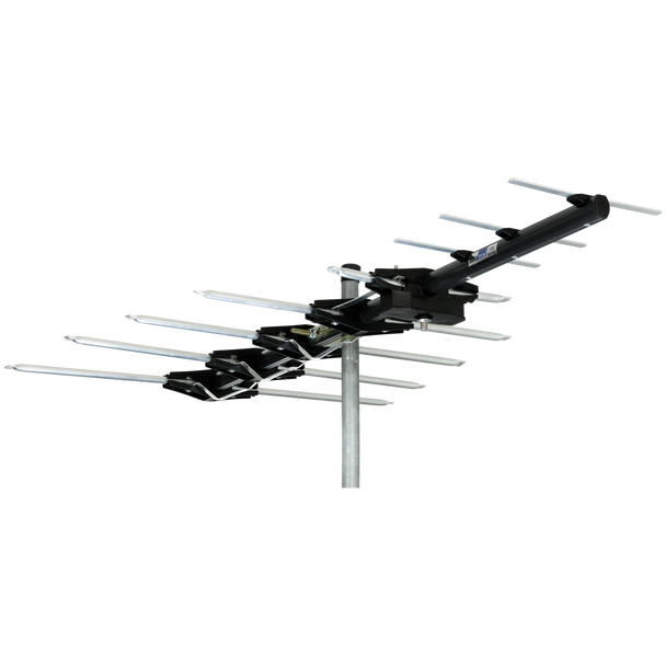 Angled perspective of premium Digitek metropolitan Yagi antenna with 12mm aluminium elements and LTE filter, tailored for urban UHF/VHF TV signals