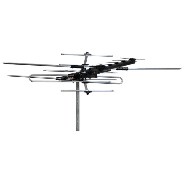 Assembled view of Digitek 14-element combination antenna in charcoal hammertone, displaying heavy-duty UV-stabilised structure and 1240 x 1318 x 340 mm proportions