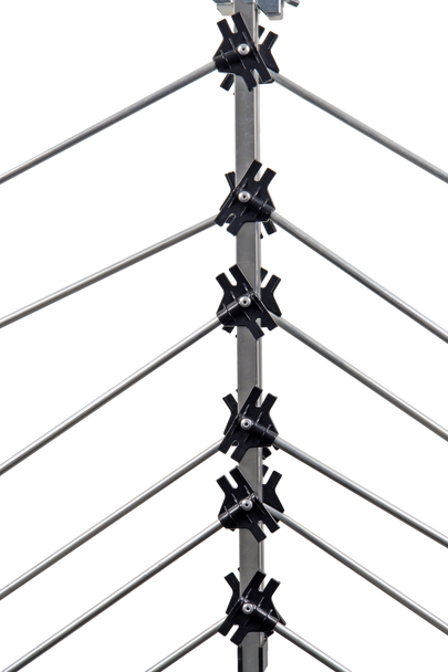 Close-up of Silver 28-element Metropolitan UHF/VHF antenna showing folding elements for channels 6-35