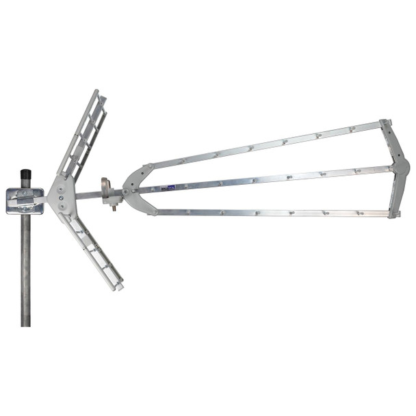 Side view of Folding tri-beam Digitek-style UHF Yagi with removable reflectors and LTE filter