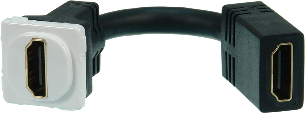 Closeup of white ABS plastic Digitek HDMI Female to HDMI Female 4K@60Hz insert showing gold-plated ports and bendable tail