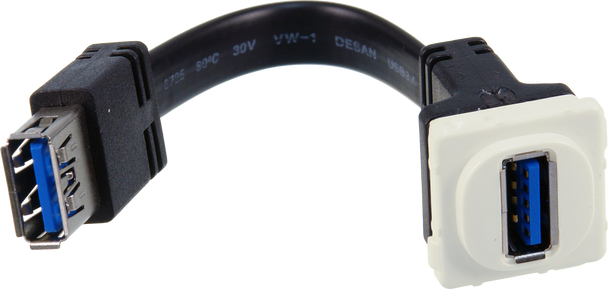 Closeup of white ABS plastic Digitek USB3.0 insert showing bendable tail for phone cable routing