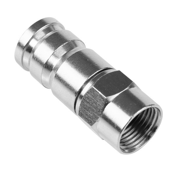 Close-up of 12B6FC F-Type with dual O-rings and compression rings, 75Ω impedance for 5-3000 MHz HD signal transmission