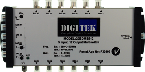 Digitek 20BDMS512 5x12 multiswitch in compact black housing with F-Type inputs/outputs, satellite/TV distribution for multi-room setups Digitek 20BDMS512 5x12 multiswitch in compact black housing with F-Type inputs/outputs, satellite/TV distribution for multi-room setups