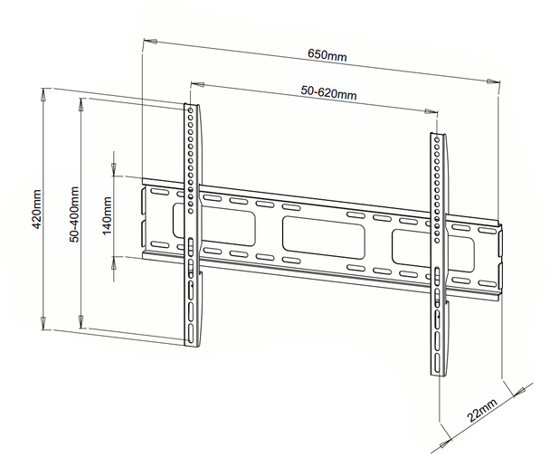 Digitek 40-65\" slimline universal LCD bracket schematic diagram showing dimensions