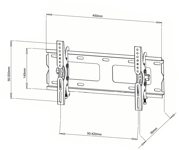 Digitek 13-32\" tilt universal LCD bracket schematic diagram showing dimensions
