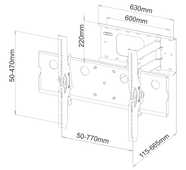 Digitek 32-60\" tilt swivel reach TV wall bracket schematic diagram showing dimensions
