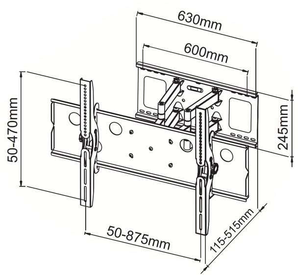Digitek 32-60\" dual arm TV wall bracket Schematic diagram showing dimensions